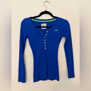 Vtg Y2K Hollister Blue Ribbed Henley Sz XS Logo Bella Swan Elena Gilbert Preppy